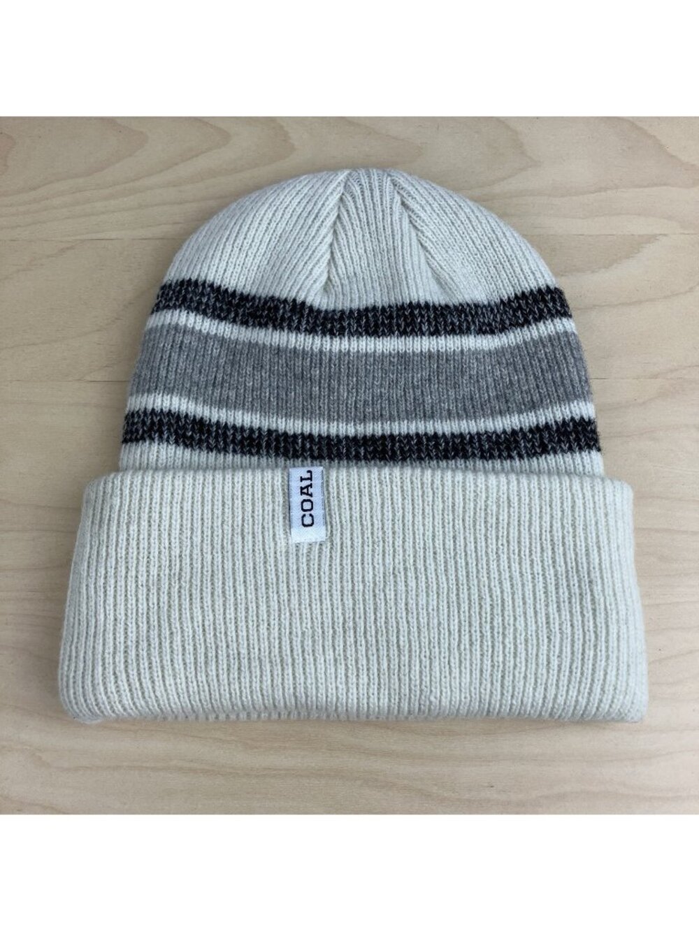 Coal Headwear The Haines Winter Beanie Hat Lambswool Blend Cream Stripe Tab Logo
